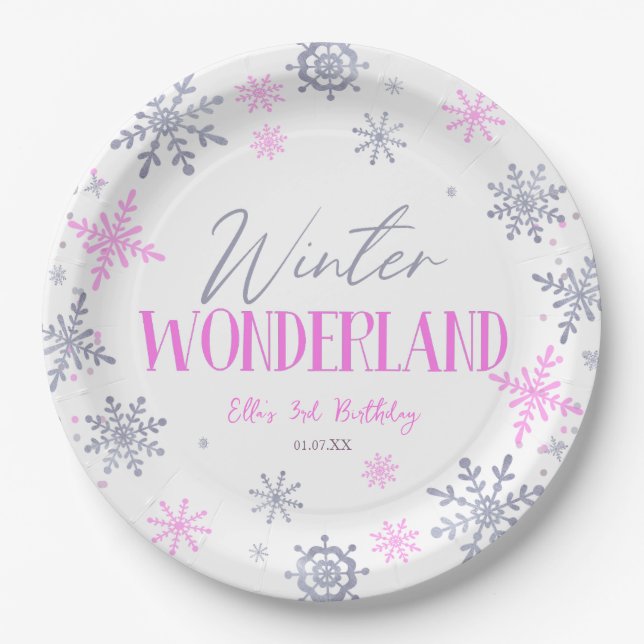 Winter Wonderland Pink Snowflake Geburtstagsparty Pappteller (Vorderseite)
