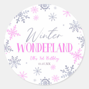 Winter Wonderland Pink Snowflake Geburtstagsparty Runder Aufkleber