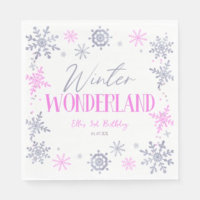 Winter Wonderland Pink Snowflake Geburtstagsparty Serviette (Vorderseite)