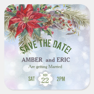Winter Wonderland Poinsettia Save the Date Quadratischer Aufkleber