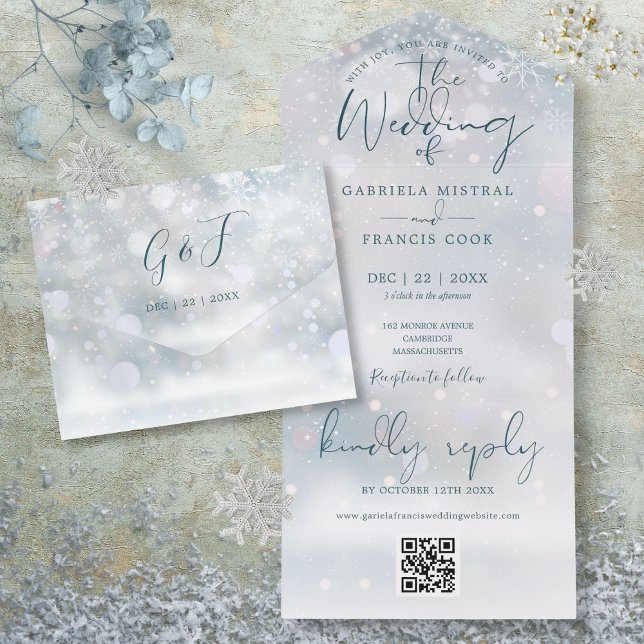 Winter Wonderland QR Code Snow Wedding All In One Einladung (Winter Wonderland QR Code Snow Wedding All In One Invitation)