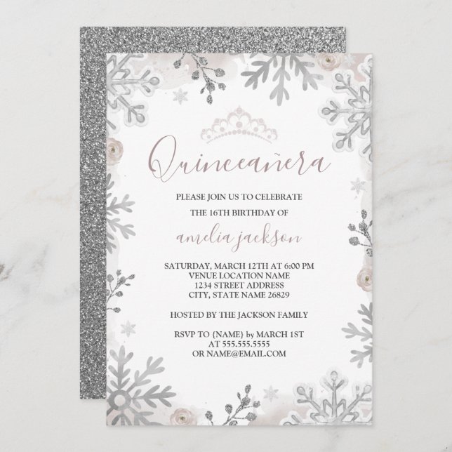 Winter Wonderland Quinceanera Blush Silver Einladung (Vorne/Hinten)