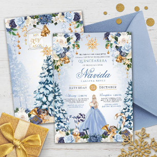 Winter Wonderland Quinceañera Snowy Blue Floral Einladung
