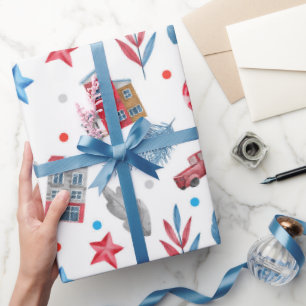 Winter Wonderland Red & Blue Hütte Geschenkpapier