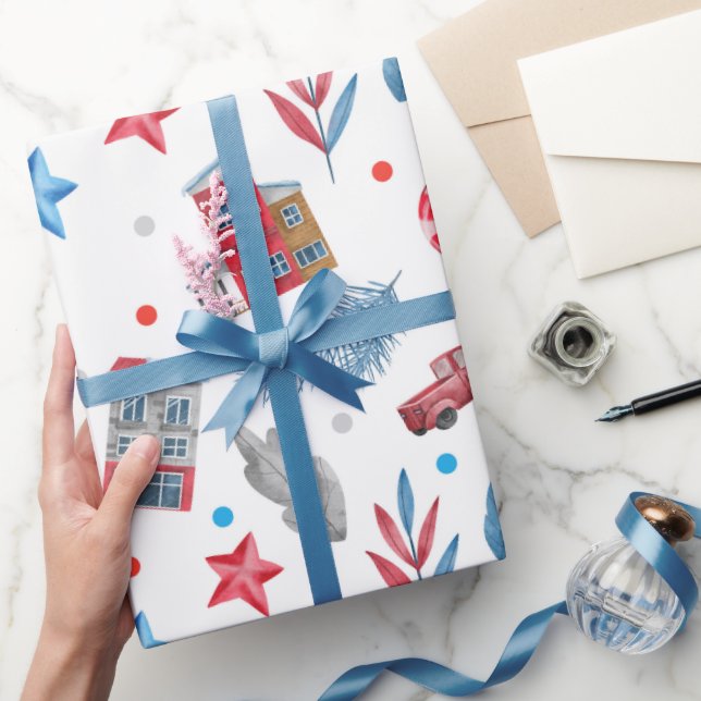 Winter Wonderland Red & Blue Hütte Geschenkpapier (Schenken)