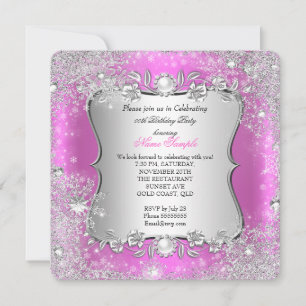 Winter Wonderland Rosa Silber Schneeflocke Geburts Einladung