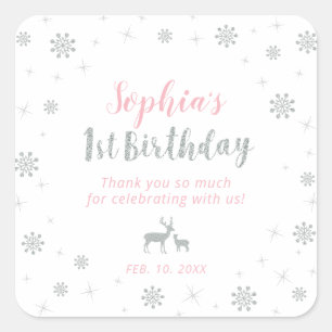 Winter Wonderland, Silber & Rosa 1. Geburtstag Quadratischer Aufkleber