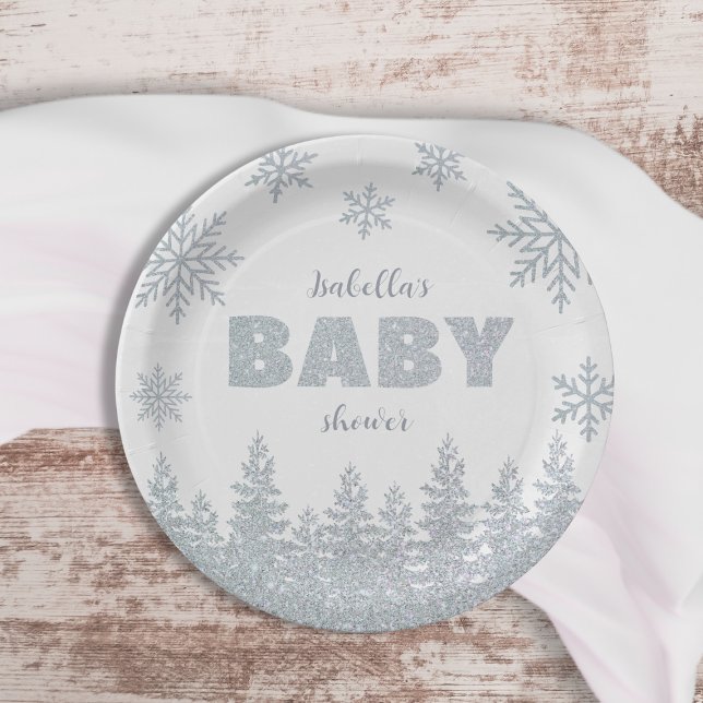 Winter Wonderland Silver Glitzer Babydusche Pappteller (Winter Wonderland Silver Glitter Baby Shower Paper Plates)