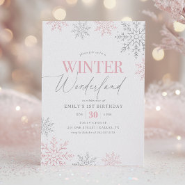 Winter Wonderland Silver Pink Glitter 1st Birthday Einladung