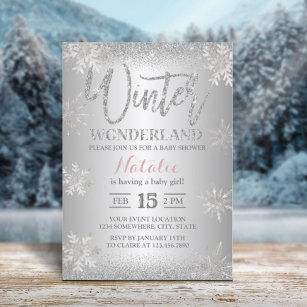 Winter Wonderland Silver Snowflakes Babydusche Einladung