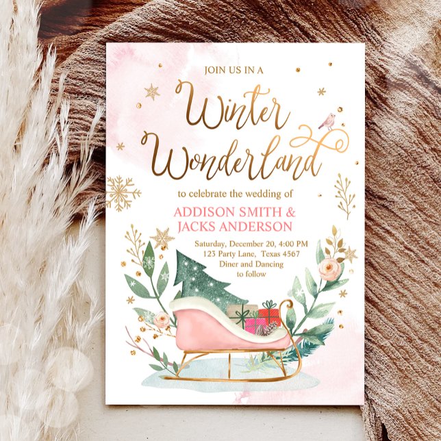 Winter Wonderland Sleigh Pink Gold Rustikale Hochz Einladung (Von Creator hochgeladen)