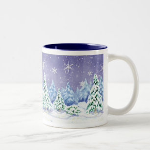 Winter Wonderland Snow Scene Pine Trees Coffee Cup Zweifarbige Tasse