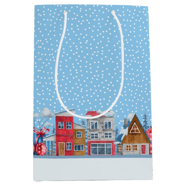 Winter Wonderland Snowfall Cabin Geschenktasche Mittlere Geschenktüte (Vorderseite)