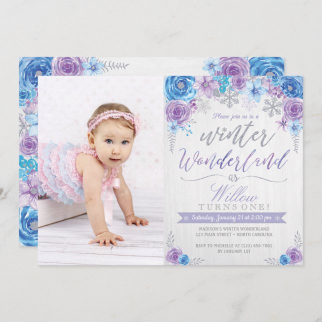 Winter Wonderland Snowflake Birthday Invitation Einladung (Vorne/Hinten)
