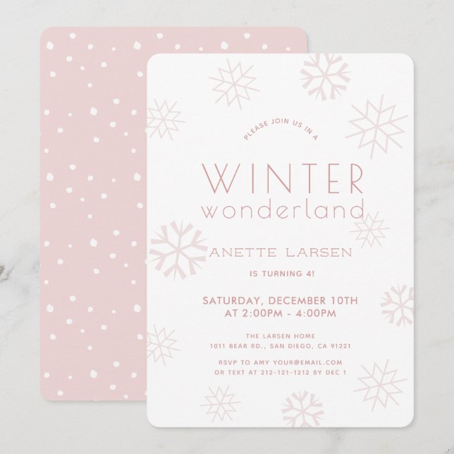 Winter Wonderland Snowflake Girl Pink Geburtstag Einladung (Vorne/Hinten)