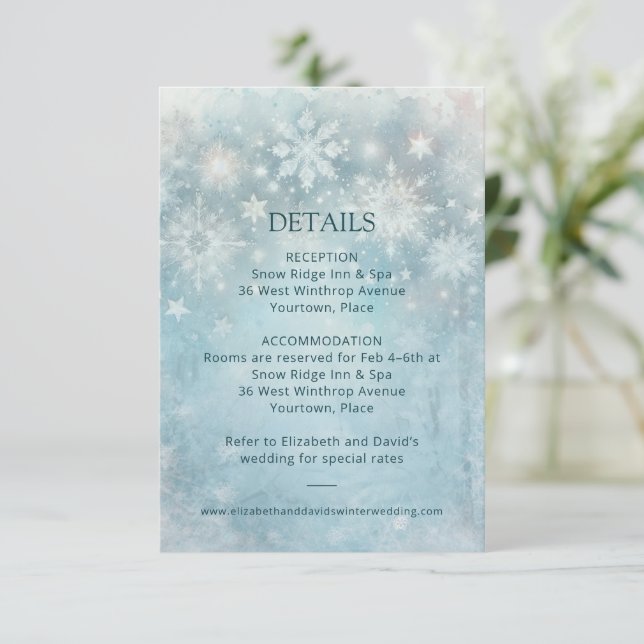 Winter Wonderland Snowflake Hochzeitdetails Beilag Einladung (Stehend Vorderseite)