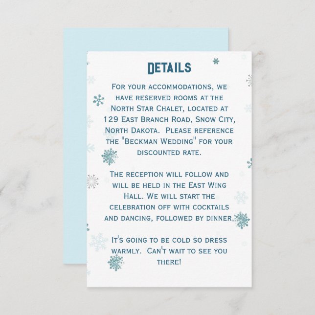 Winter Wonderland Snowflake Hochzeiten Details Begleitkarte (Vorne/Hinten)