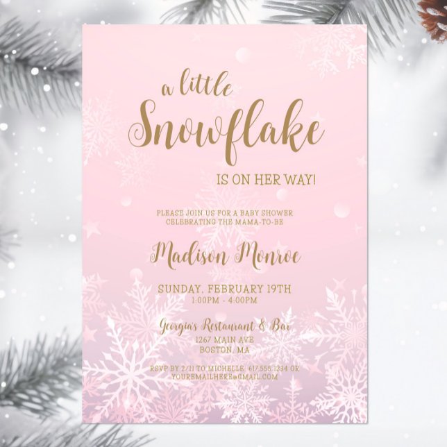 Winter Wonderland Snowflake Kinderdusche Einladung (A little snowflake is on her way Baby Shower Invitation, Winter Wonderland Invite, Pink Gold Script)