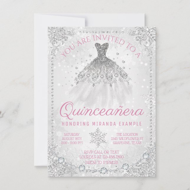 Winter Wonderland Snowflake Quinceanera Einladung (Vorderseite)