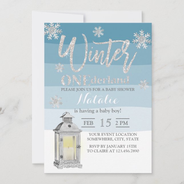 Winter Wonderland Snowflakes & Lantern Baby Dusche Einladung (Vorderseite)