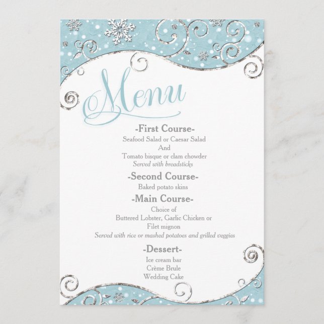 Winter Wonderland Snowflakes Swirl Wedding Menu Menükarte (Vorderseite)