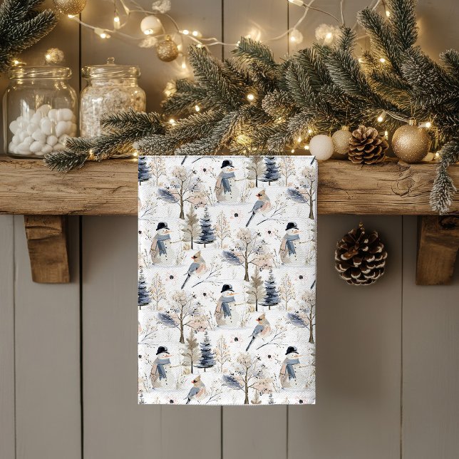 Winter Wonderland Snowman and Bird Pattern Geschirrtuch (Von Creator hochgeladen)