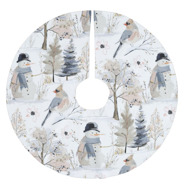 Winter Wonderland Snowman and Bird Pattern Polyester Weihnachtsbaumdecke (Vorderseite)