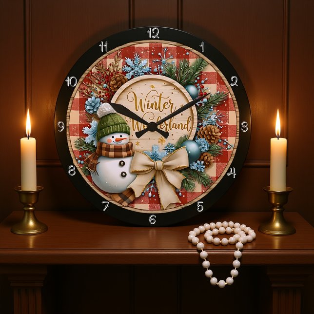Winter Wonderland Snowman Kariert Große Wanduhr (Von Creator hochgeladen)