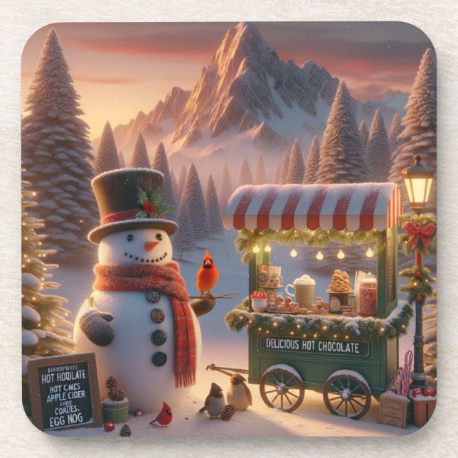 Winter Wonderland Snowman's Hot Chocolate Cart Getränkeuntersetzer (Vorderseite)