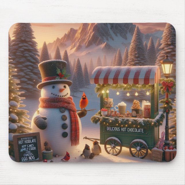 Winter Wonderland Snowman's Hot Chocolate Cart Mousepad (Vorne)