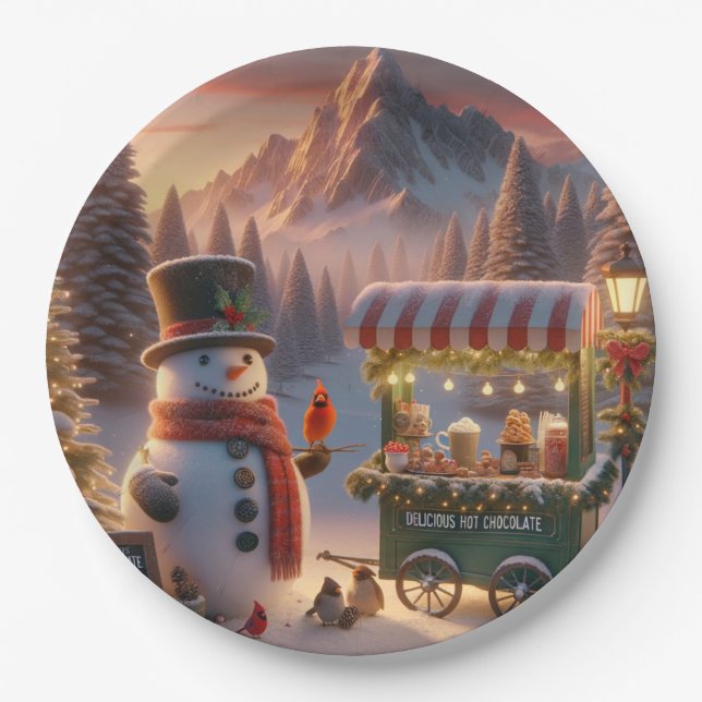 Winter Wonderland Snowman's Hot Chocolate Cart Pappteller (Vorderseite)