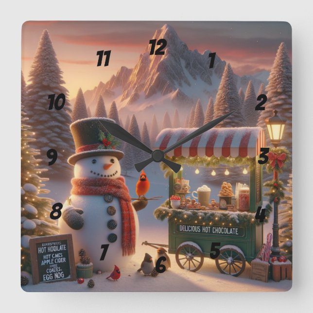 Winter Wonderland Snowman's Hot Chocolate Cart Quadratische Wanduhr (Vorderseite)