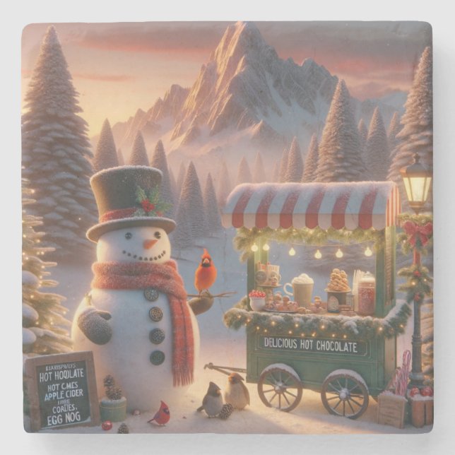 Winter Wonderland Snowman's Hot Chocolate Cart Steinuntersetzer (Vorderseite)