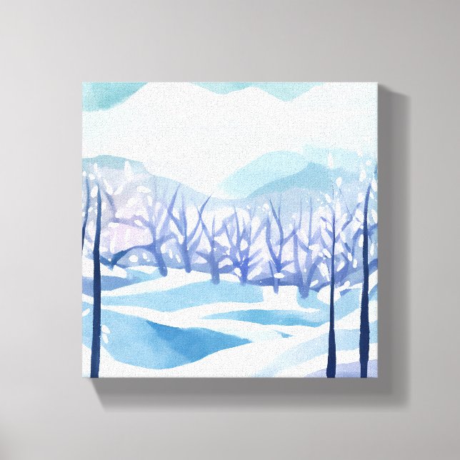 Winter Wonderland Snowy Blue Aquarellmalerei Leinwanddruck (Vorderseite)