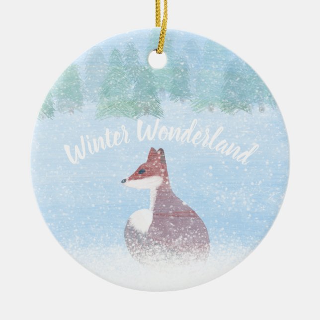Winter Wonderland Szene mit Fuchs Keramik Ornament (Vorne)