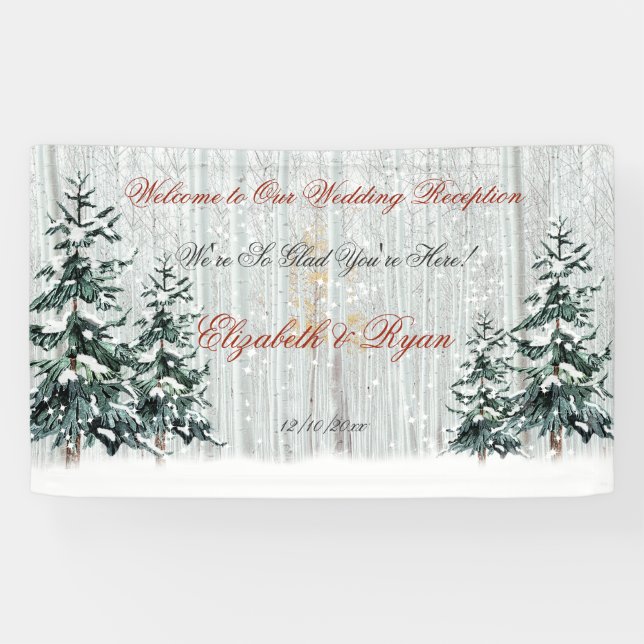 Winter Wonderland Wedding BirchTrees Stars Snow Banner (Horizontal)