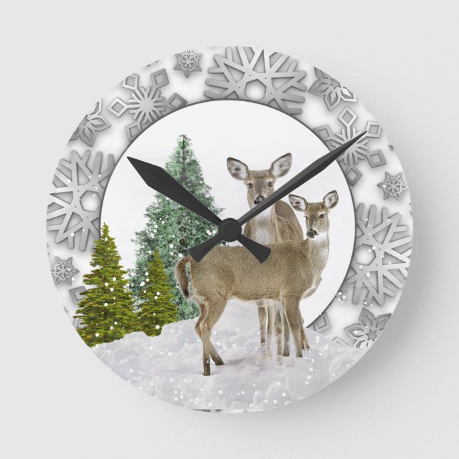Winter Wonderland Whitetail Deer Holiday Zuhause  Runde Wanduhr (Vorderseite)