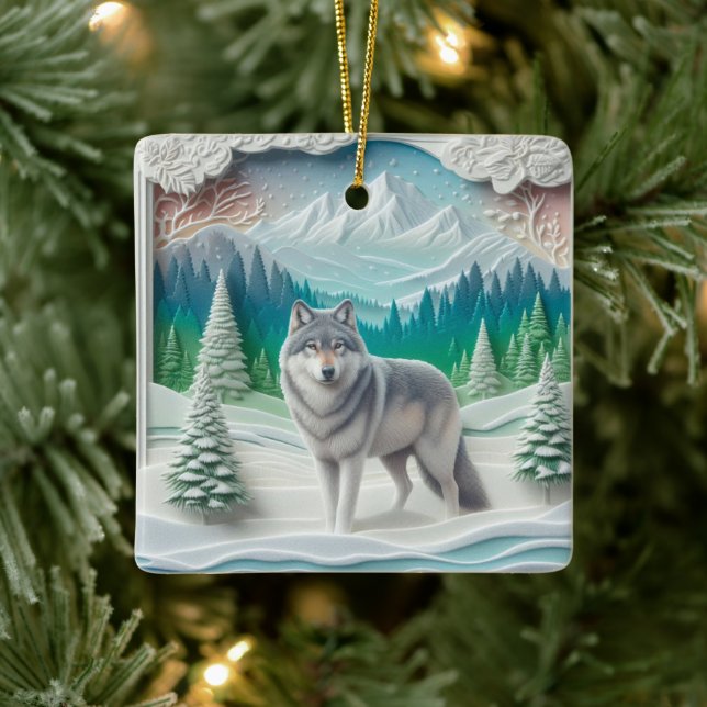 Winter Wonderland Wolf Personalized Christmas  Keramikornament (Baum)