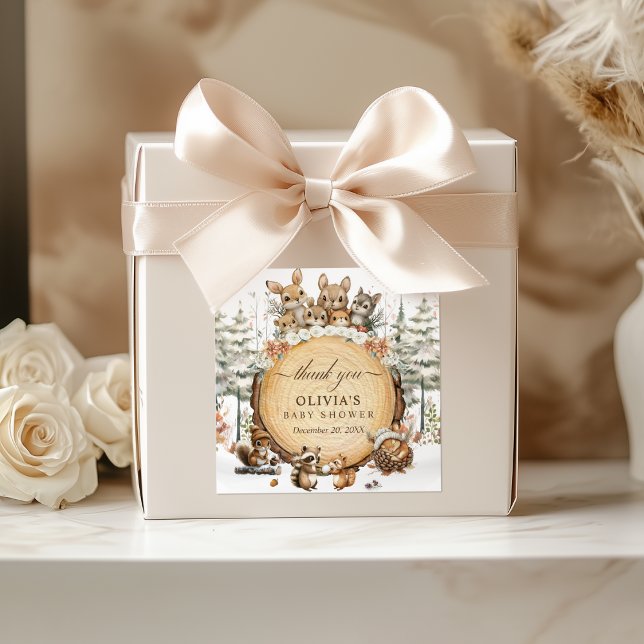 Winter Wonderland Woodland Animals Kinderdusche Quadratischer Aufkleber (Von Creator hochgeladen)