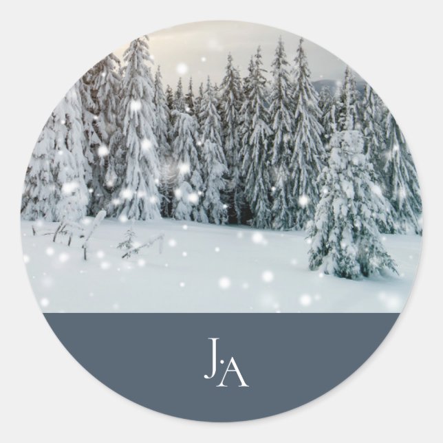 Winter Wonderland Woodland Snow Script Hochzeit Runder Aufkleber (Vorderseite)
