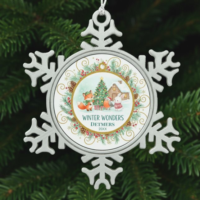 Winter Wonders Forest Friends Personalized Schneeflocken Zinn-Ornament (Winter Wonders Forest Friends Personalized Snowflake Pewter Christmas Ornament)