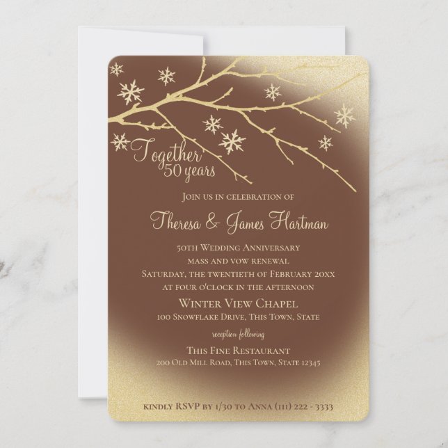 Winter Woodland 50 Jahre Jubiläum Gold und Braun Einladung (Vorderseite)