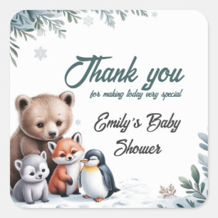 Winter Woodland Animals Baby Showaufkleber Quadratischer Aufkleber