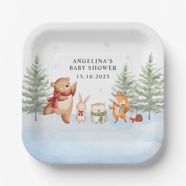 Winter Woodland Animals Baby Shower Pappteller (Vorderseite)