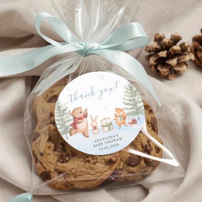 Winter Woodland Animals Baby Shower Thank You Runder Aufkleber (Von Creator hochgeladen)