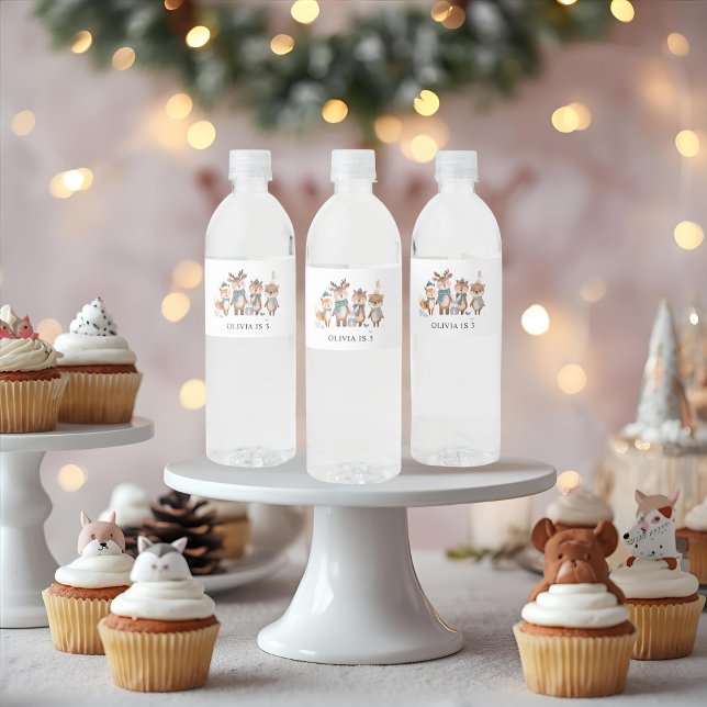Winter Woodland Animals Birthday  Wasserflaschenetikett (Von Creator hochgeladen)
