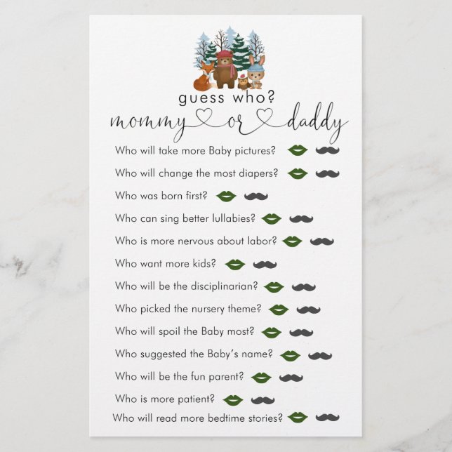 Winter Woodland Baby Dusche Ratet, wer Game (Vorderseite)