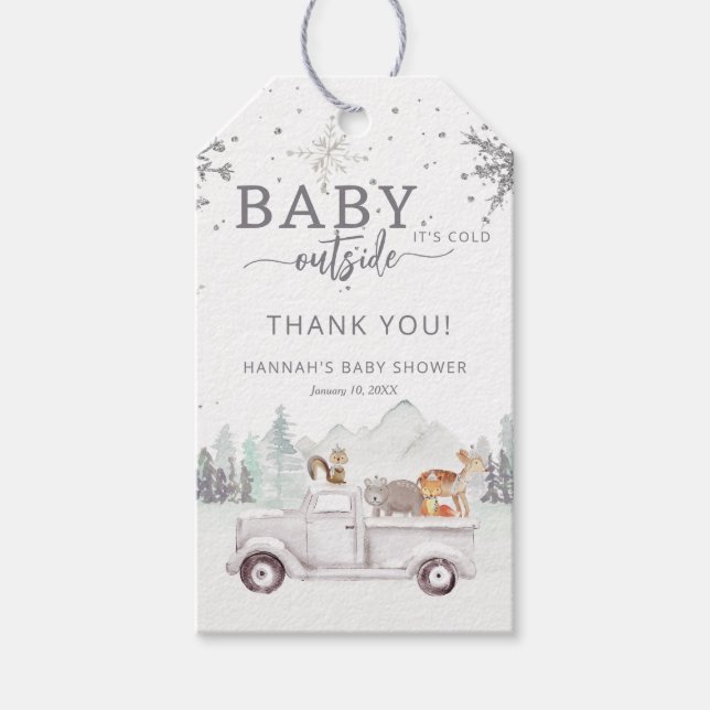 Winter Woodland Baby Es ist kalte Außendusche Geschenkanhänger (Vorderseite)
