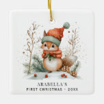 Winter Woodland Baby's First Christmas Foto Keramikornament<br><div class="desc">Zum ersten Weihnachtsfest des Babys. Die Watercolor Winterwaldszene auf der Vorderseite mit einem niedlich winterfertigen Eichhörnchen. Die Vorderseite kann mit der Aufnahme Ihrer Textauswahl personalisiert werden. Auf der Rückseite können Sie das Foto Ihres Babys einschließen. Ein schöner Weihnachtsschmuck.</div>