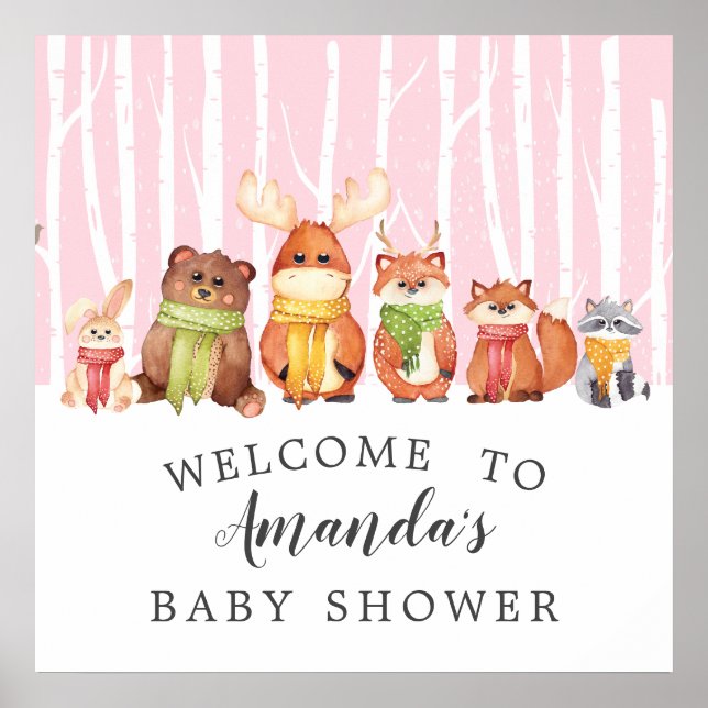 Winter Woodland Begrüßungszeichen Baby Dusche Poster (Vorne)